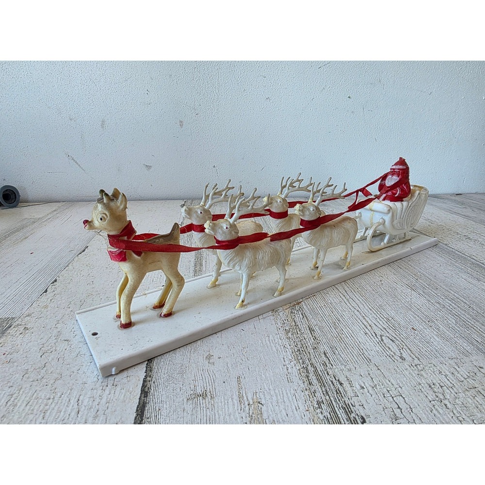 Antique plastic reindeer sleigh Santa vintage Xmas decor Rudolph